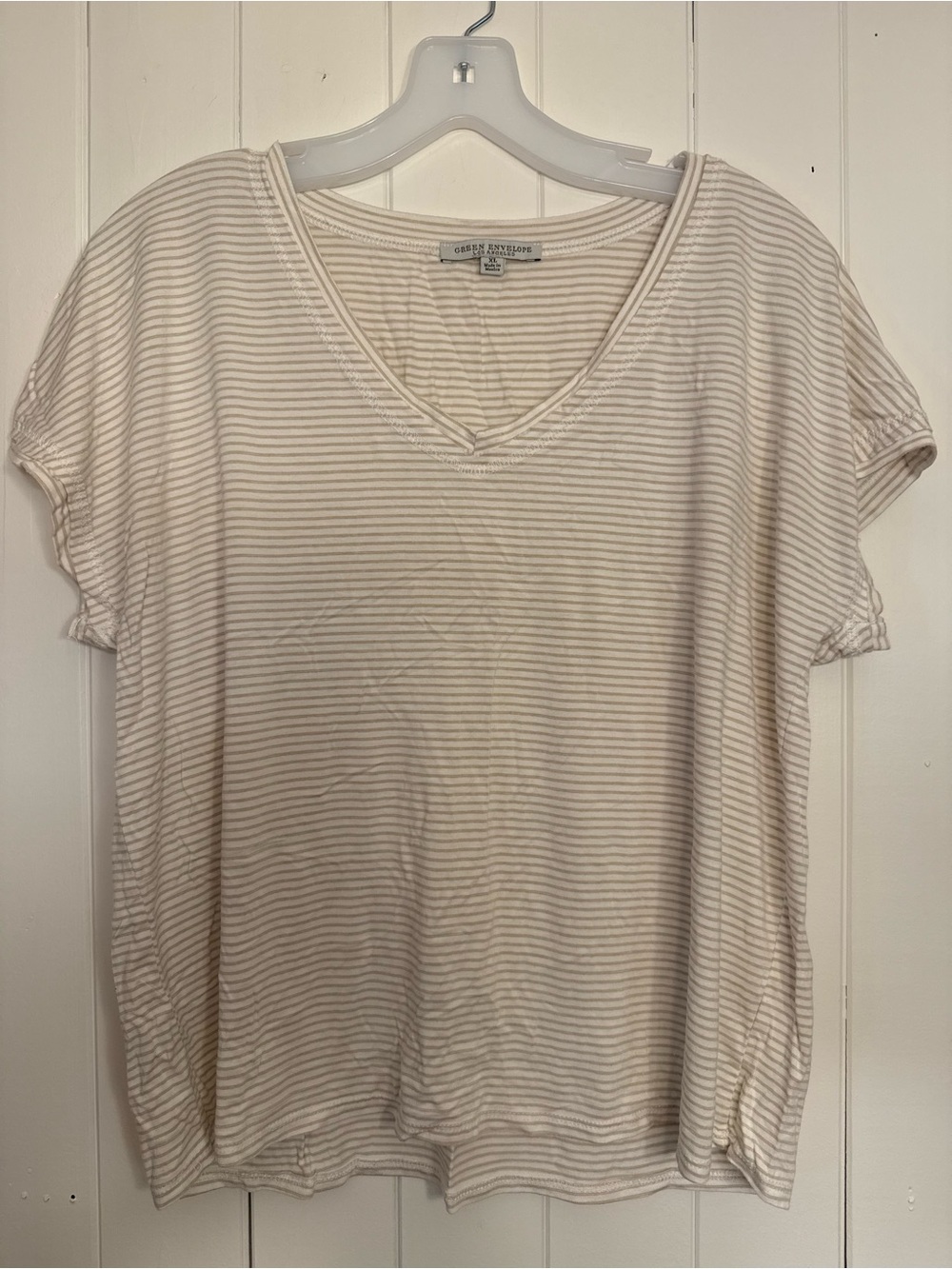 Green Envelope Cream and Taupe Striped V-Neck Tee